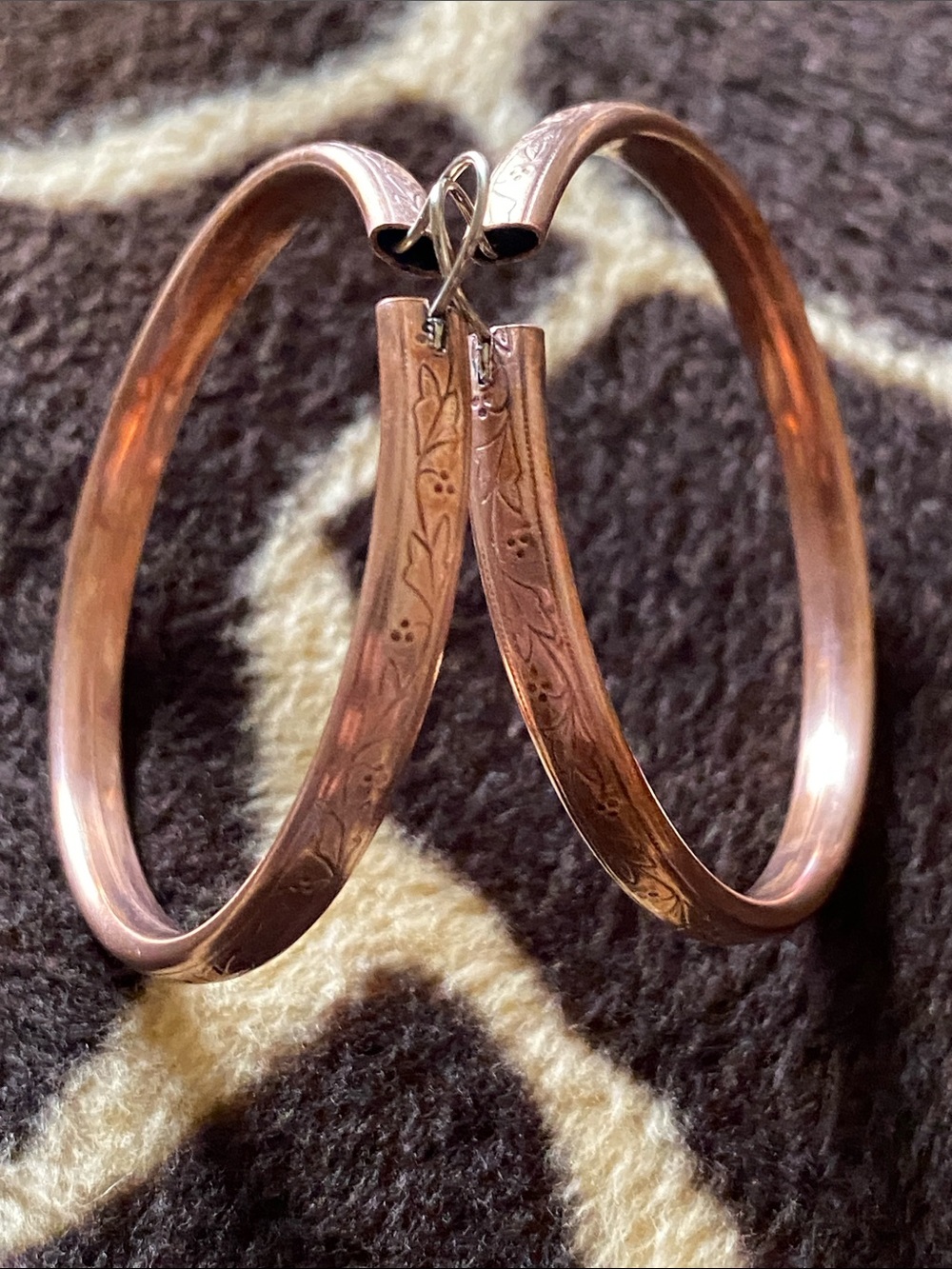 Vintage 70s Cooper Etched Hoop Earrings